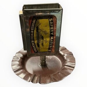 Vintage Japan Metal Matchbox Holder Ashtray‎ Combo Steamer Ship Label Tobacciana